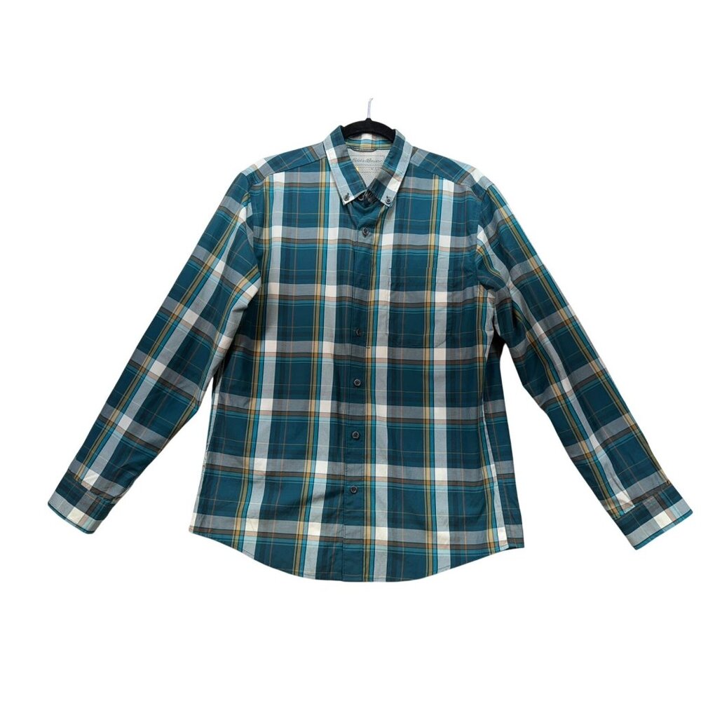 Eddie Bauer Mens Classic Fit Button-Down Shirt M Teal Blue Plaid - Picture 1 of 11
